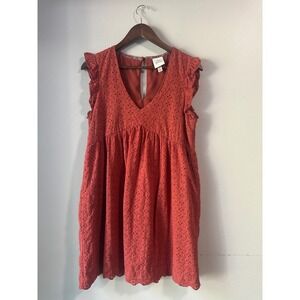 Knox Rose Rust Orange Eyelet Ruffle V-Neck Cotton Mini Dress Boho Small